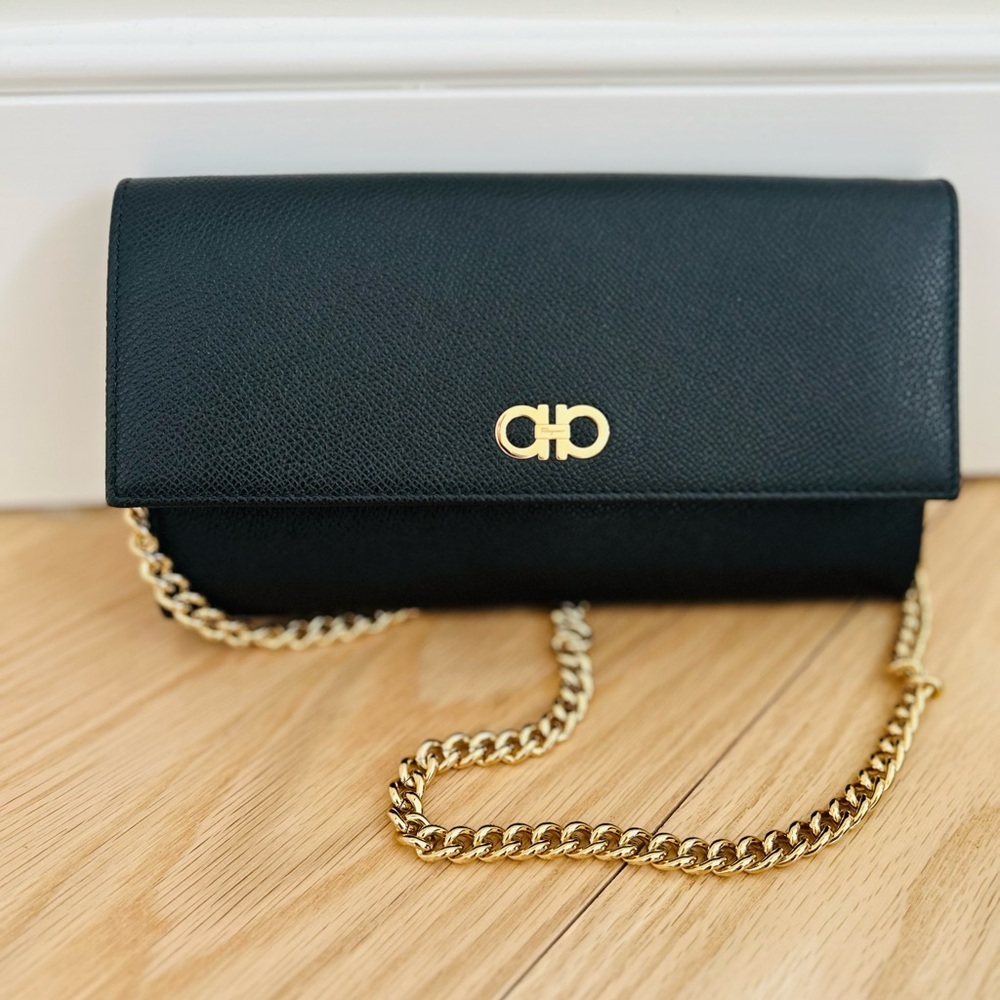 SOLD- Salvatore Ferragamo Black Crossbody Bag with Gold-Tone Clasp